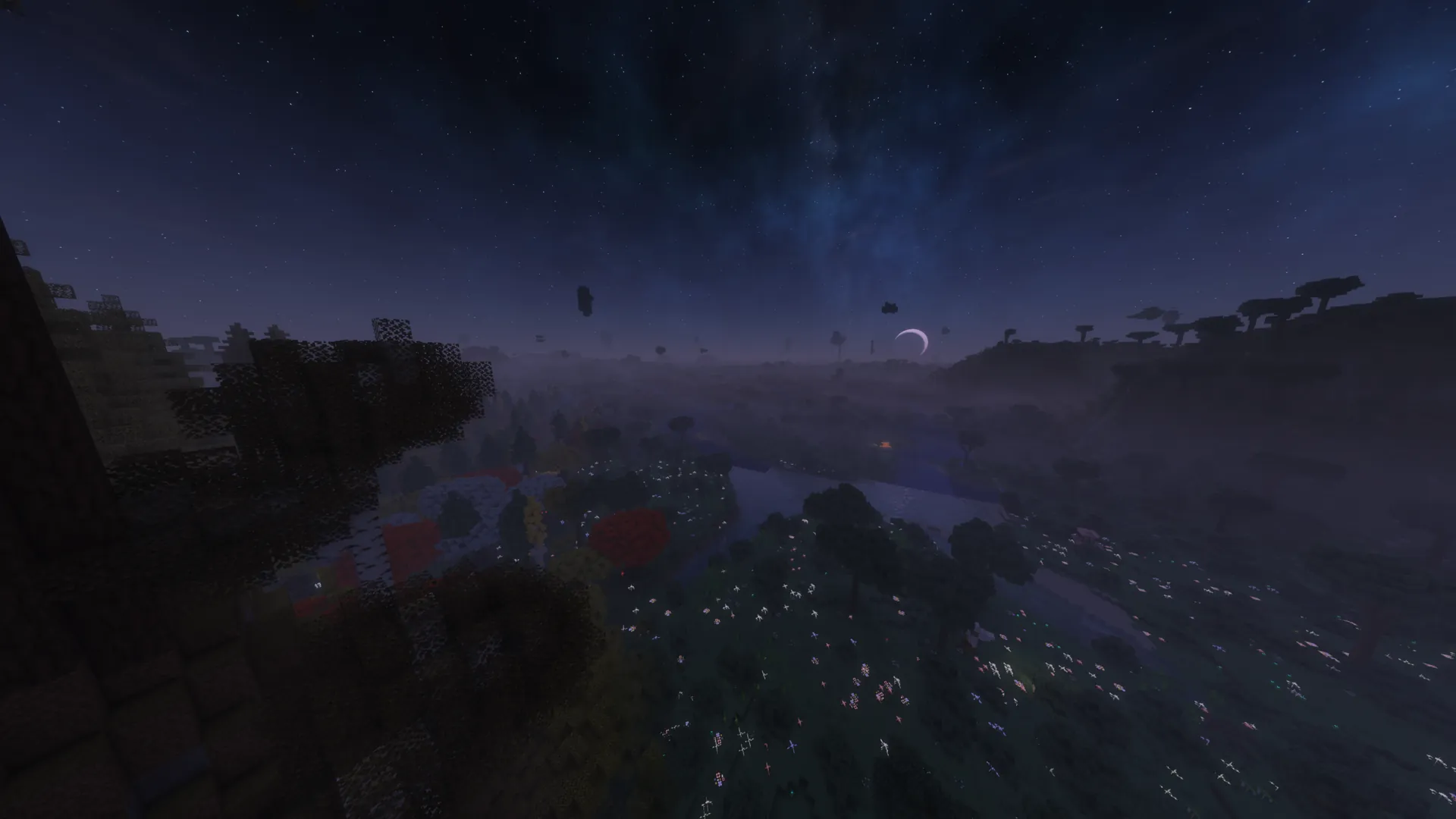 A moonlit Minecraft² landscape beneath a dense field of stars.