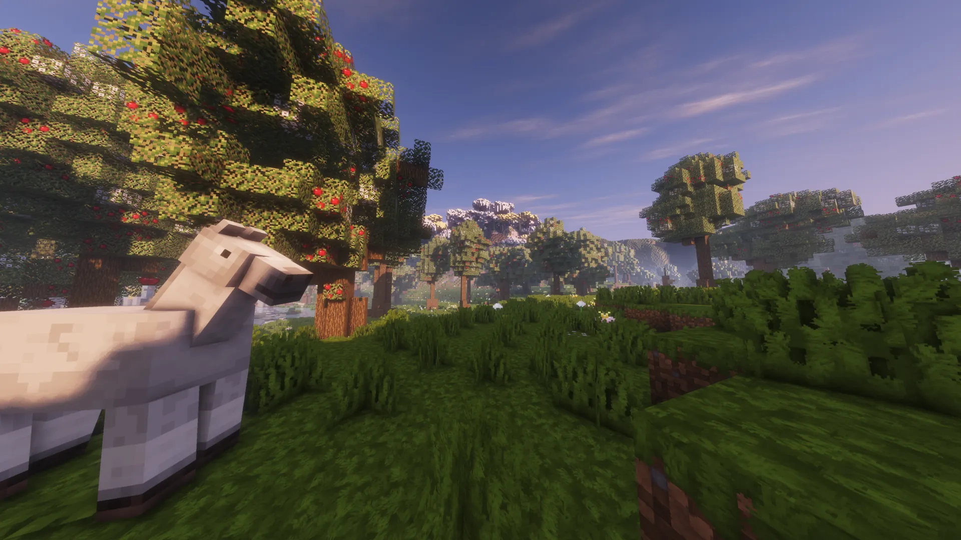 A horse standing beneath fruit trees in the Minecraft² world.