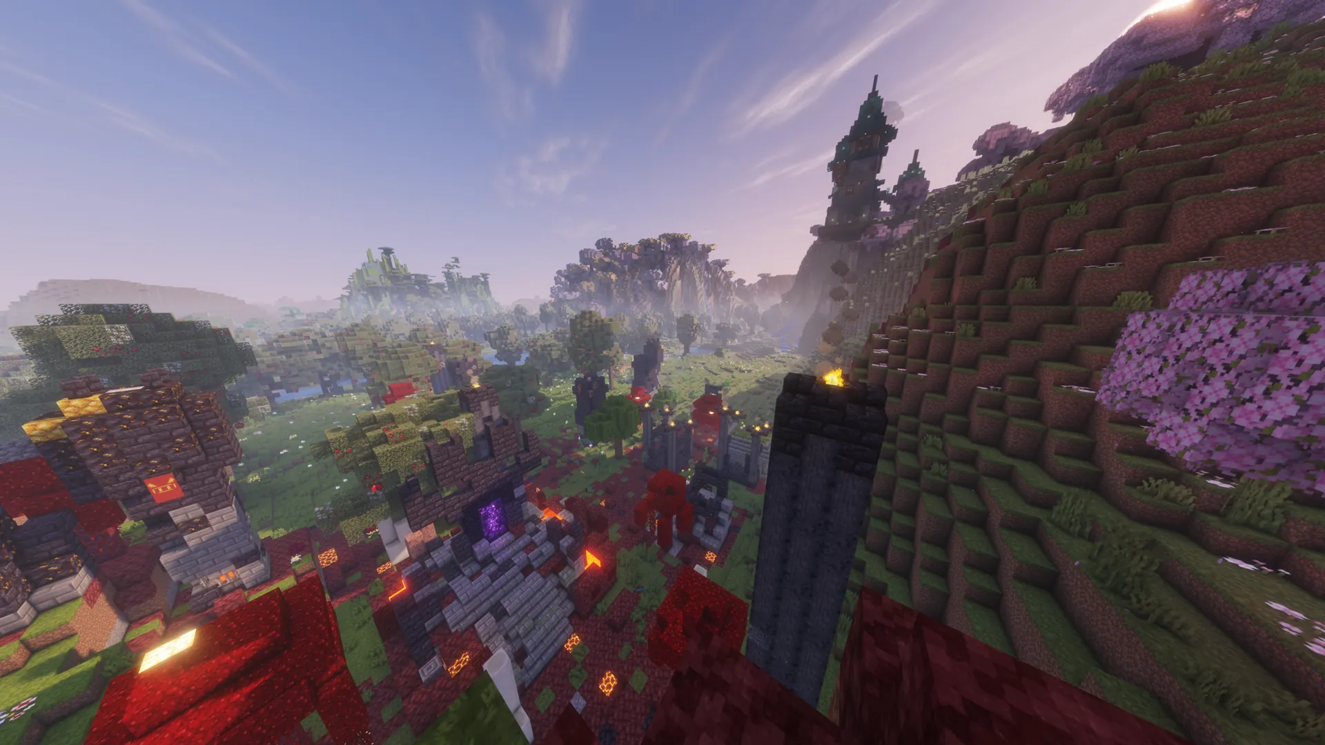 A Minecraft² ruin framed by mountains, trees, and glowing stone.