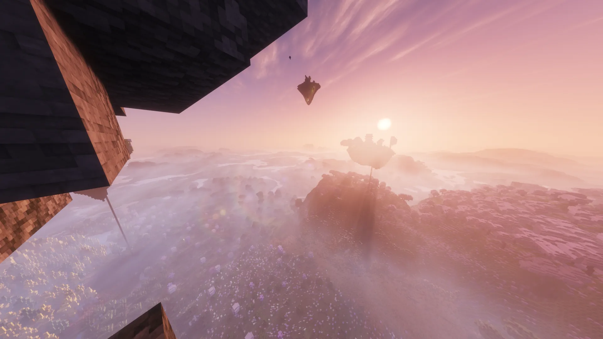 Floating Minecraft² islands seen through a warm sunrise haze.
