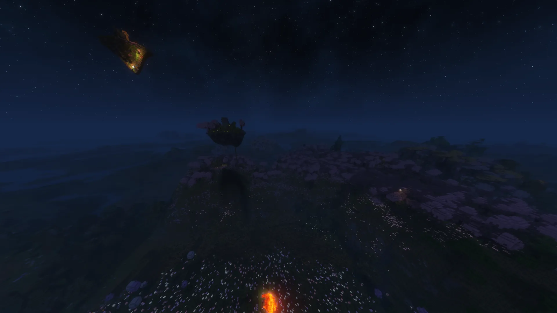 Floating Minecraft² islands silhouetted against a night sky.