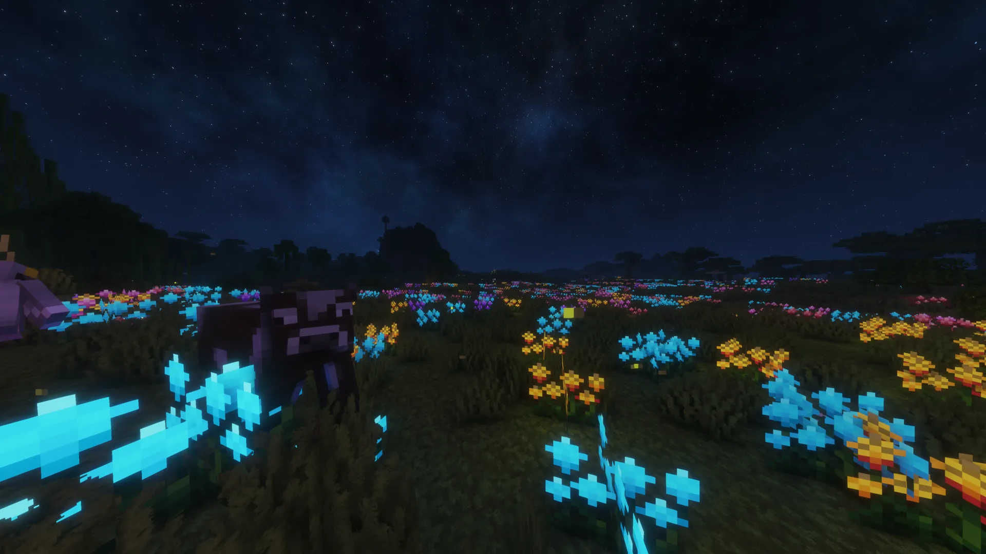 A star-filled night over a glowing Minecraft² flower field.