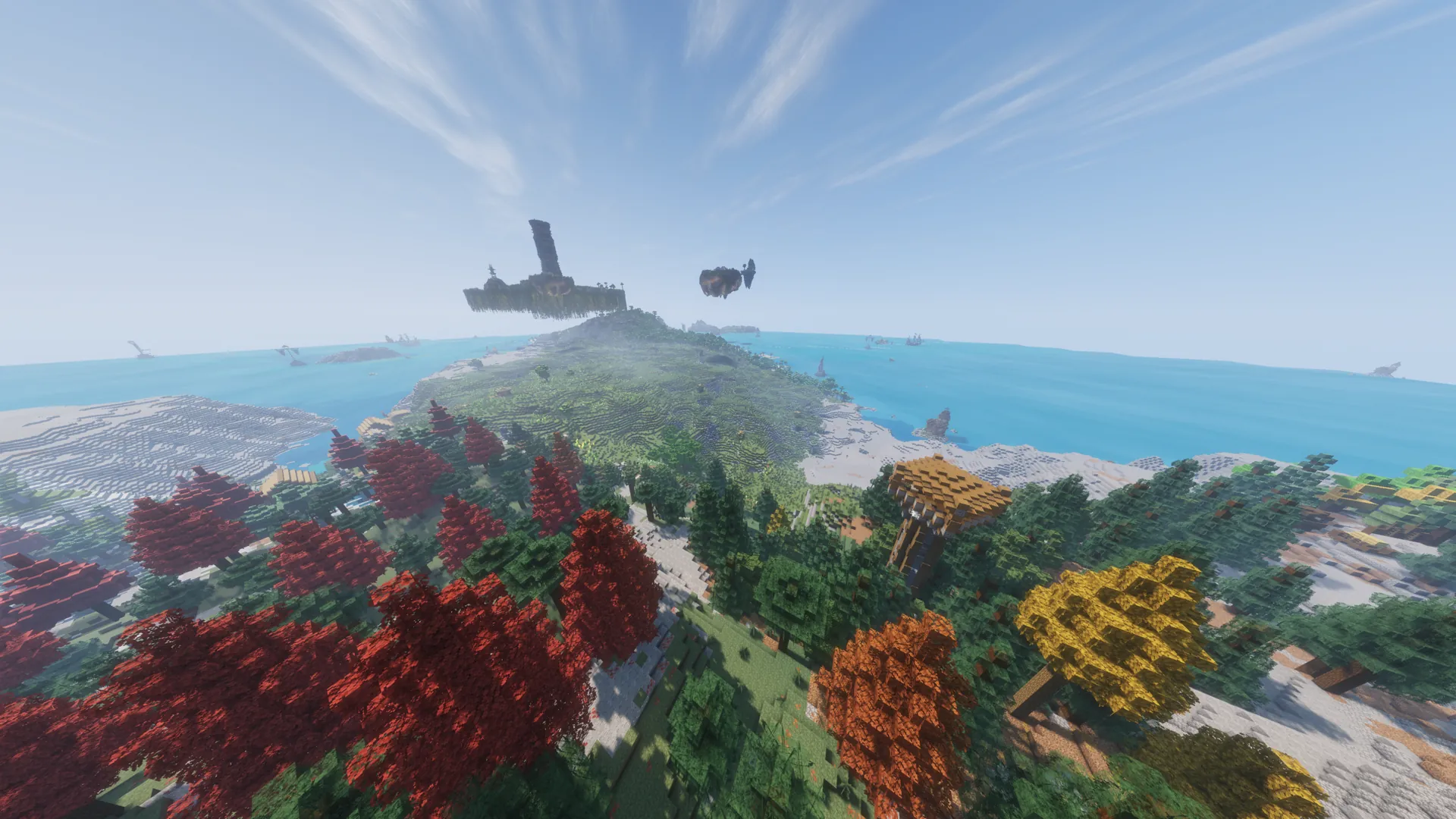 A wide Minecraft² landscape with floating landforms over the coast.