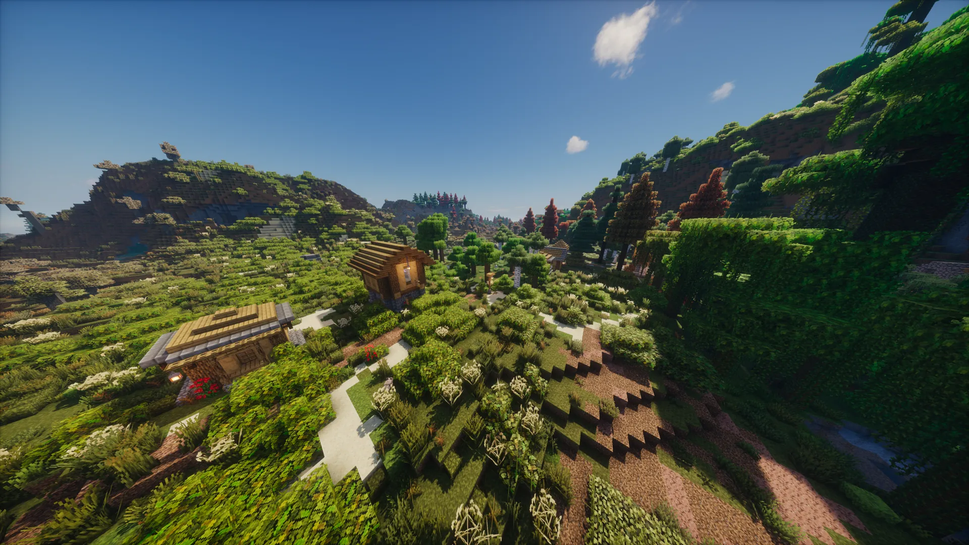 A green Minecraft² valley with paths, trees, and hillside structures.