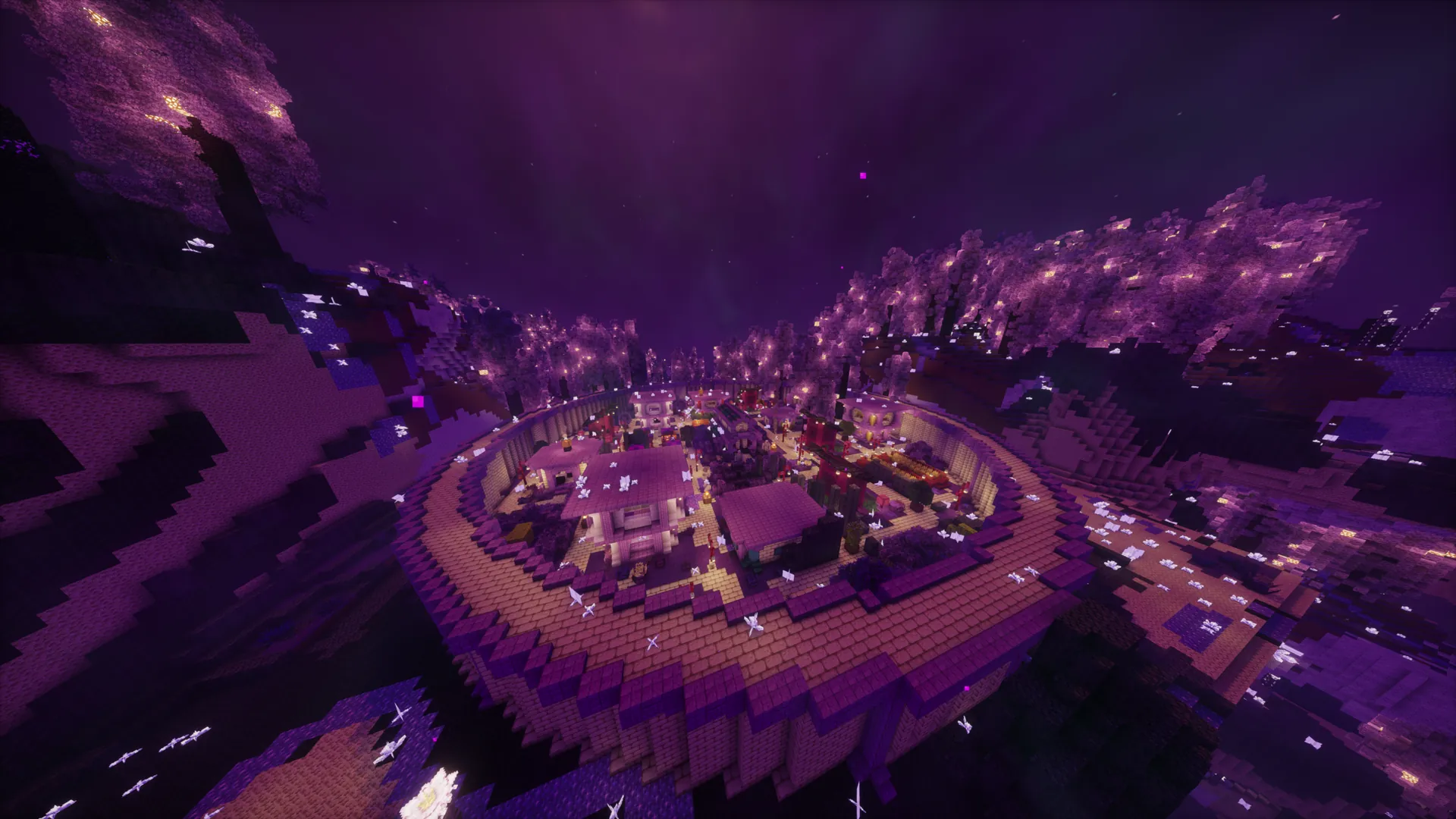 A violet-lit Minecraft² settlement surrounded by flowering trees.