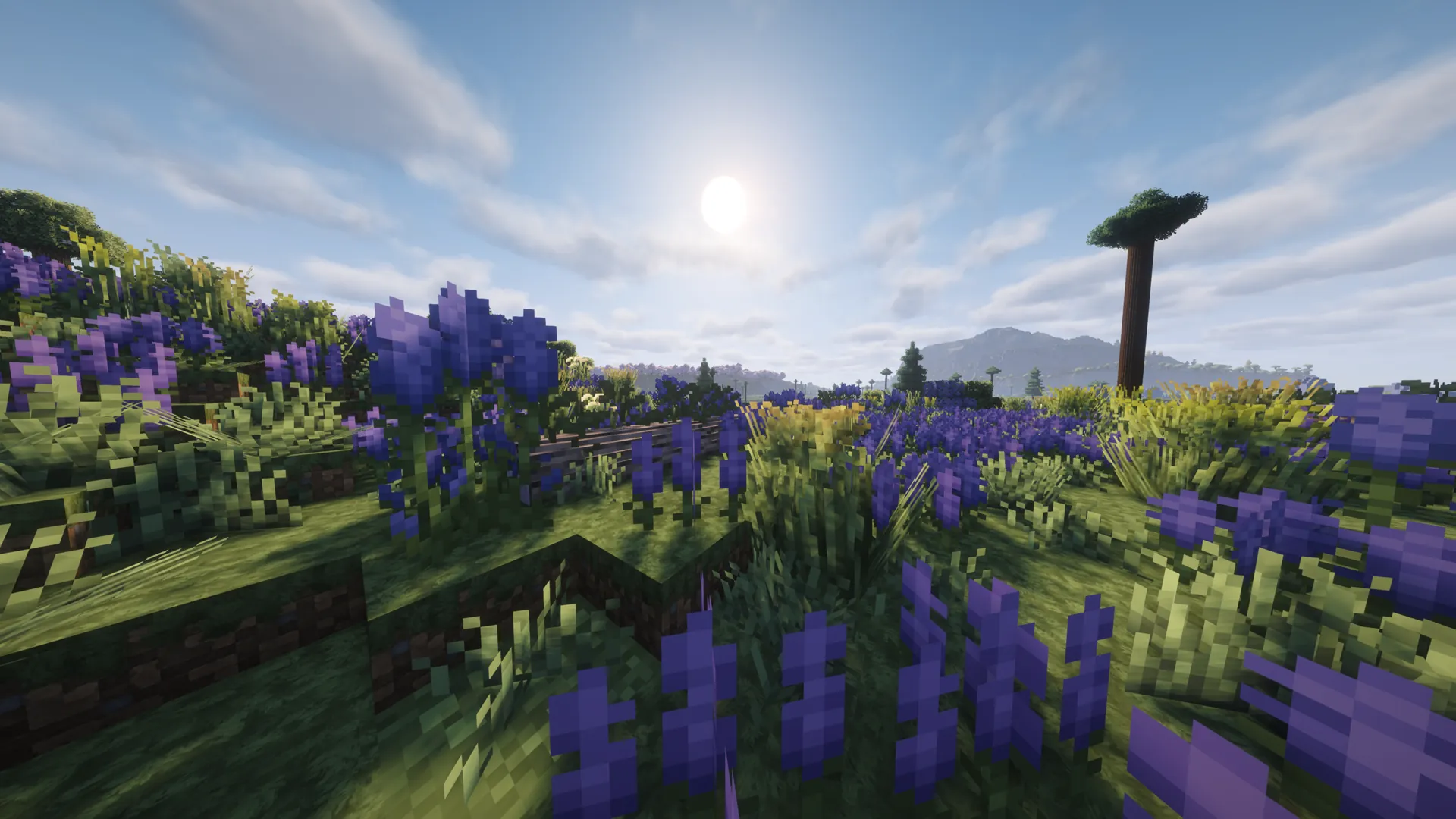 Flowering Minecraft² terrain beneath a bright open sky.
